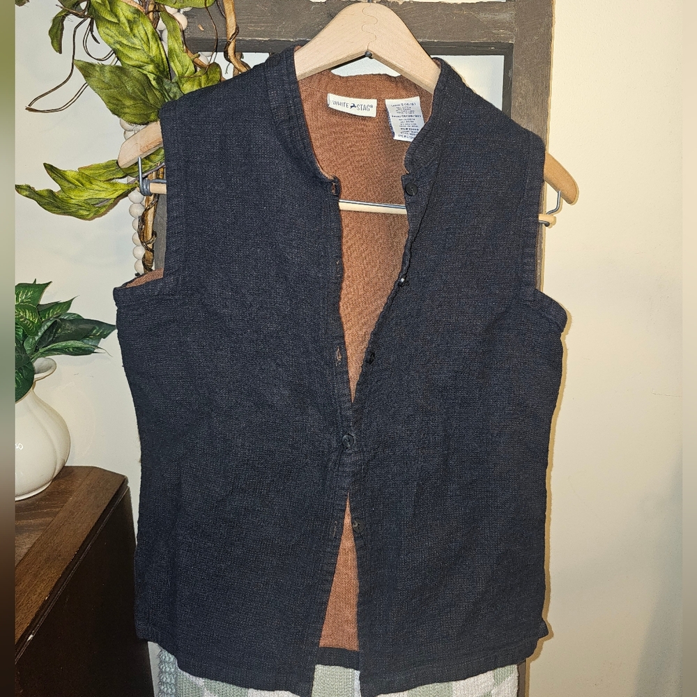 Vintage White‎ Stag Vest Black And Brown Womens Sz S Cotton Linen Rayon Button